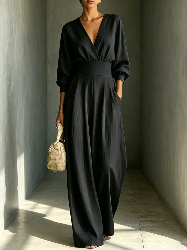 Long-Sleeve V-Neck Fitted Jumpsuit