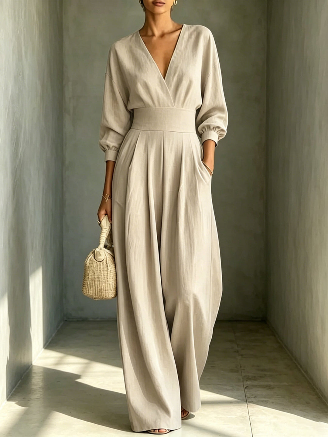 Long-Sleeve V-Neck Fitted Jumpsuit