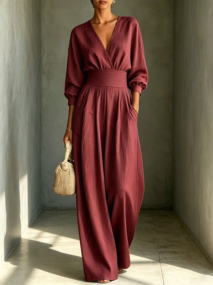 Long-Sleeve V-Neck Fitted Jumpsuit
