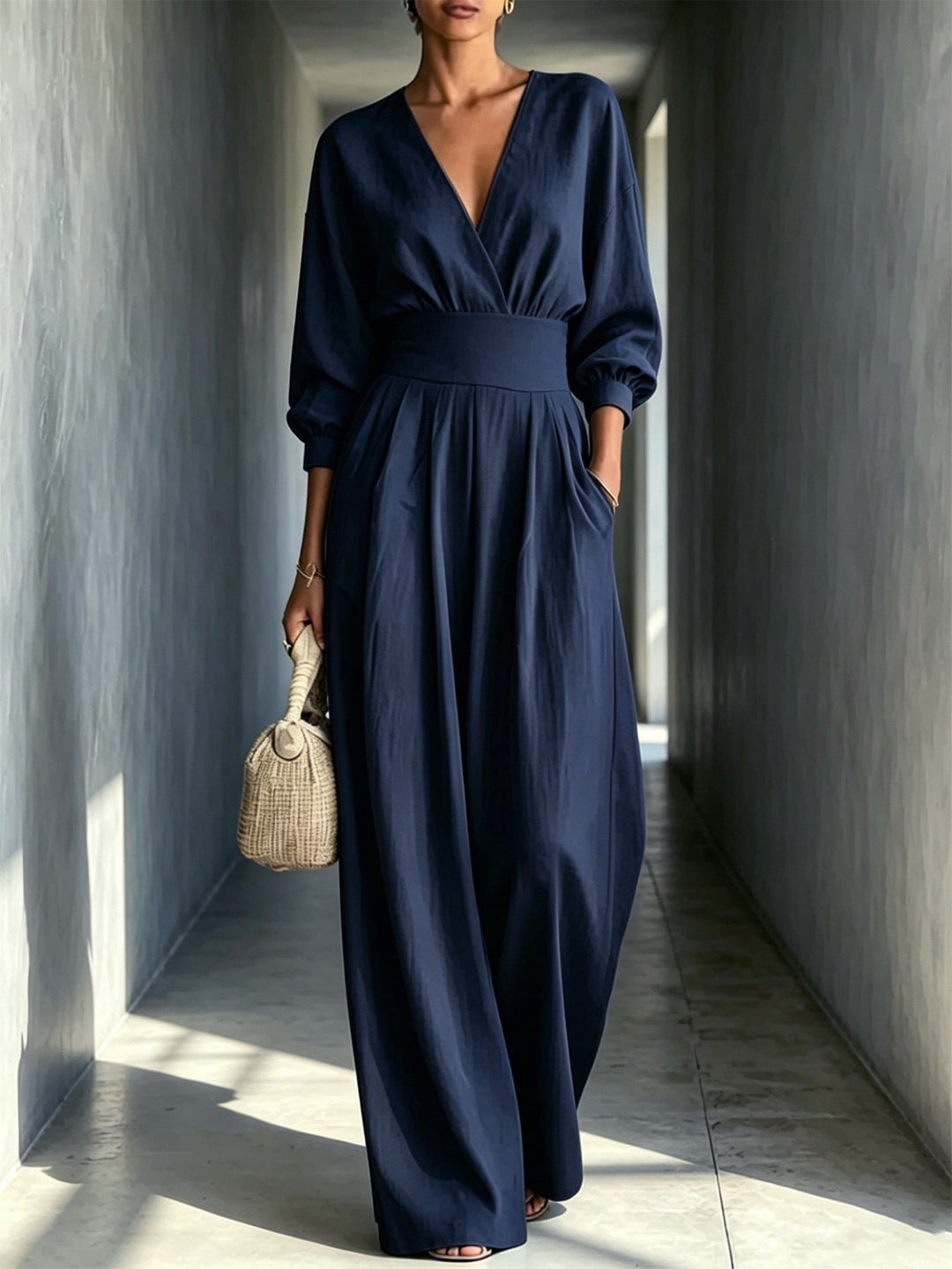Long-Sleeve V-Neck Fitted Jumpsuit