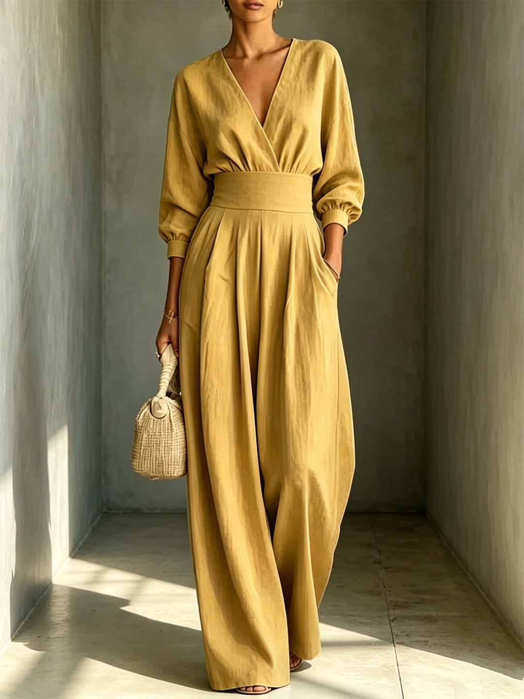 Long-Sleeve V-Neck Fitted Jumpsuit