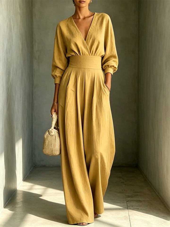 Long-Sleeve V-Neck Fitted Jumpsuit