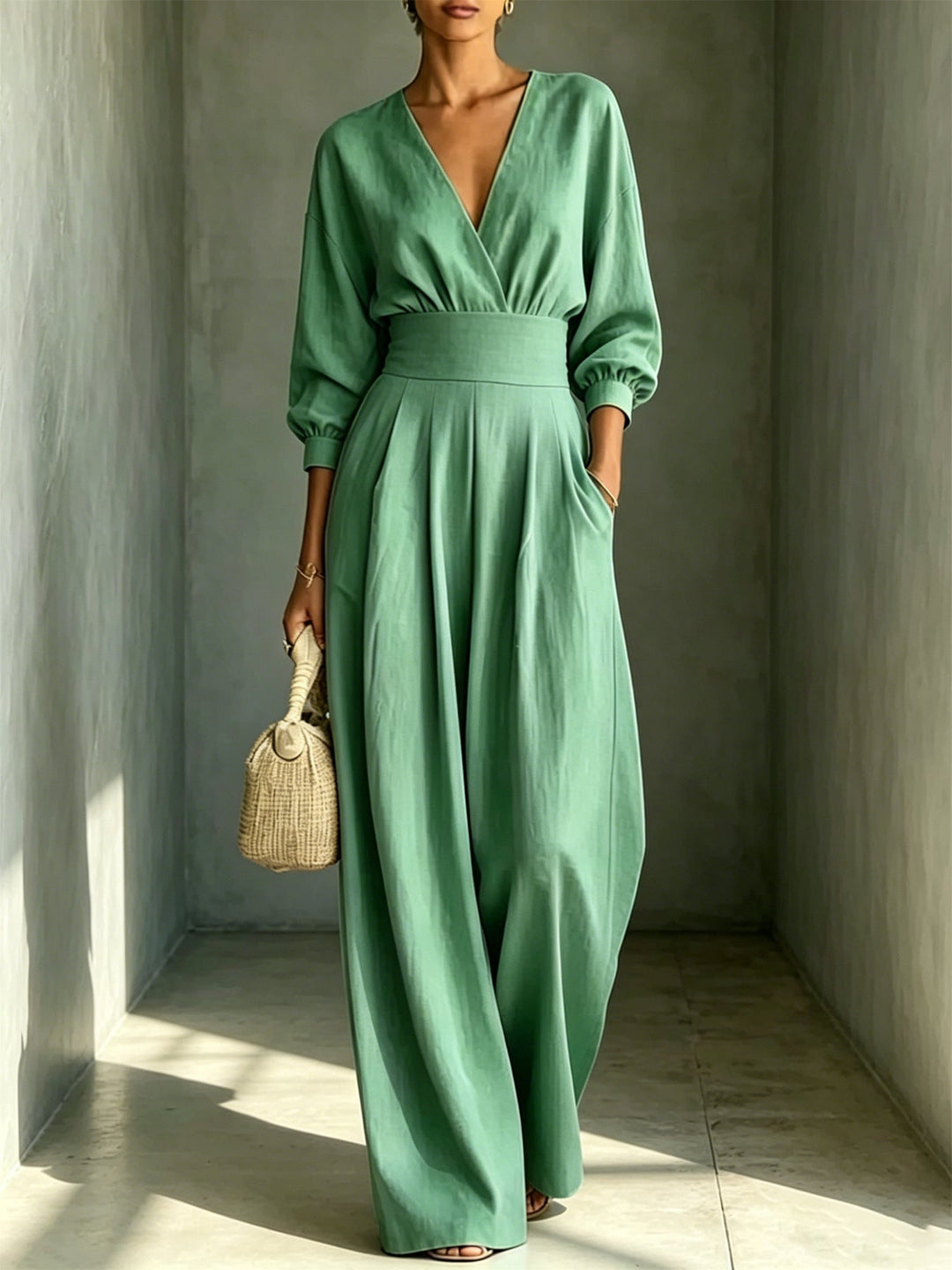 Long-Sleeve V-Neck Fitted Jumpsuit