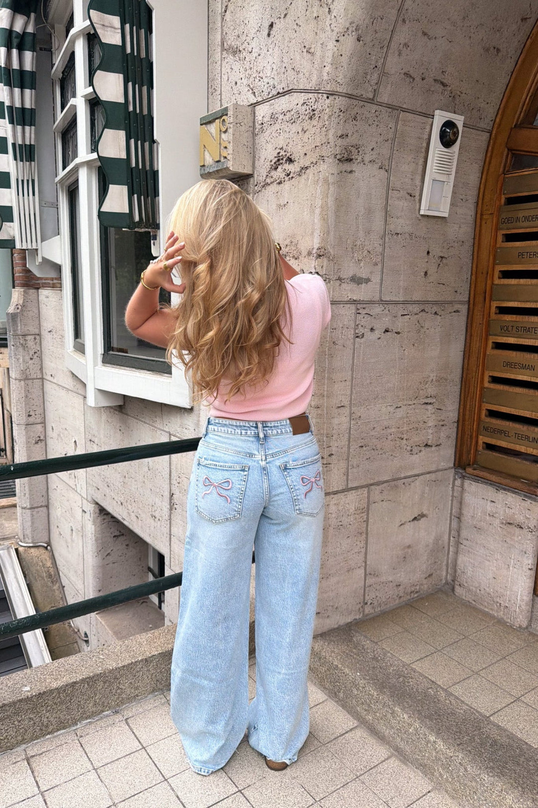 Pink bow baggy jeans