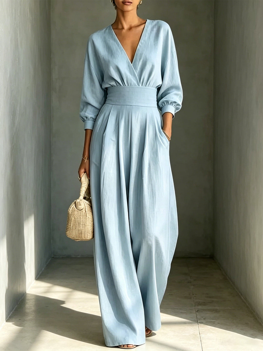 Long-Sleeve V-Neck Fitted Jumpsuit