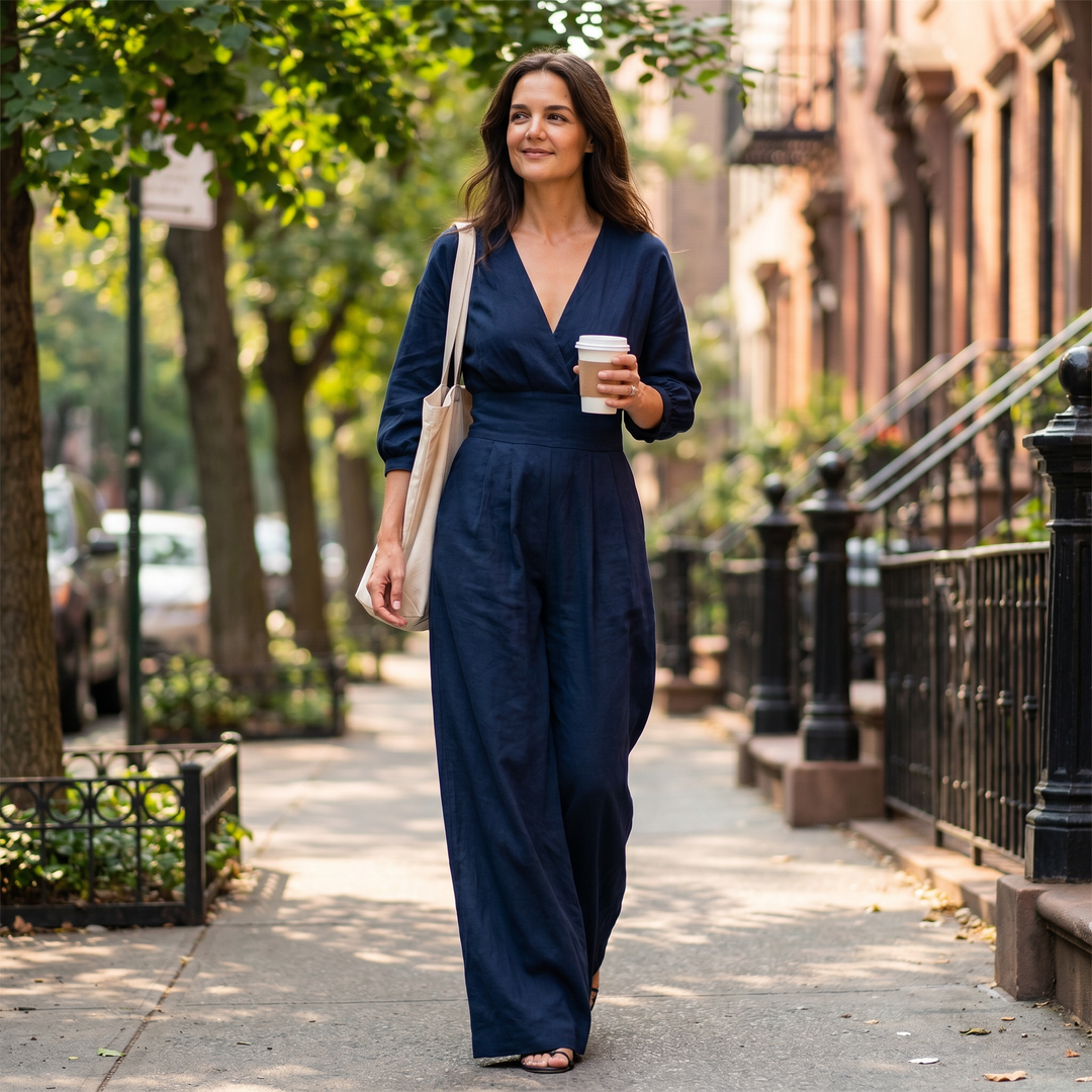 Long-Sleeve V-Neck Fitted Jumpsuit